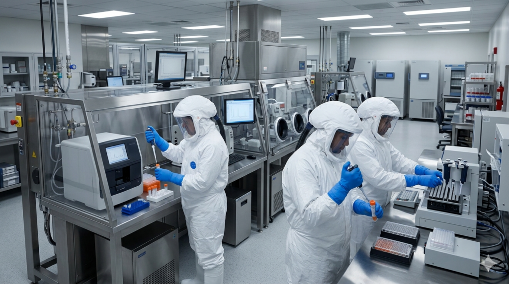 A realistic 1920 × 1080 image of a controlled laboratory or public health response environment showing technicians in protective suits handling diagnostic equipment or samples. Faces are fully covered or not visible. The setting includes laboratory instruments, containment barriers, and organized workstations. Neutral lighting, clean and professional, no logos, no text, no branding, documentary-style realism.