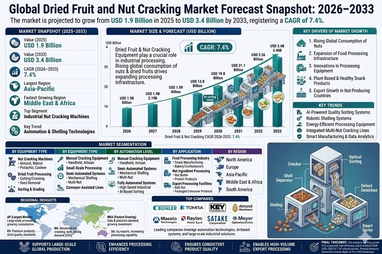 The Global Dried Fruit and Nut Cracking Market is experiencing steady growth driven by rising global consumption of nuts and dried fruits, increasing demand for processed snack products, and expanding food processing infrastructure
