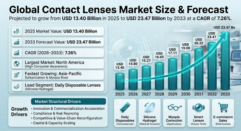 The global contact lenses market is poised for a significant expansion over the forecast period from 2026 to 2033. With an established base year market size of USD 13.40 billion in 2025, the industry is projected to achieve a market size of USD 23.47 billion by 2033, reflecting a steady compound annual growth rate (CAGR) of 7.26%.