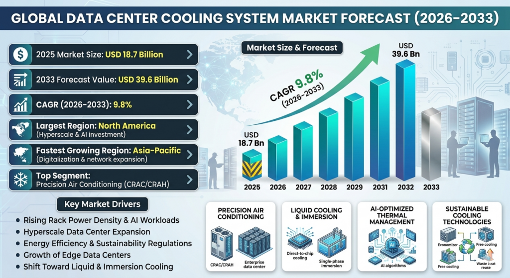 The Global Data Center Cooling System Market is experiencing accelerated growth driven by hyperscale data center expansion, AI workload proliferation, cloud computing growth, and increasing rack power densities.