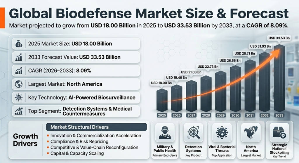 The Global Biodefense Market is projected to grow significantly over the forecast period from 2026 to 2033. Starting with a base year market size of USD 18.00 billion in 2025, the market is expected to expand at a compound annual growth rate (CAGR) of 8.09%, reaching an estimated USD 33.53 billion by the end of 2033.