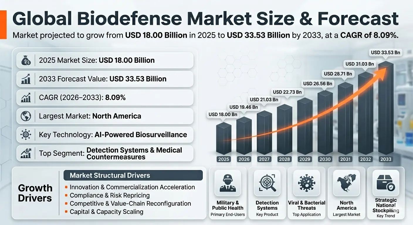 The Global Biodefense Market is projected to grow significantly over the forecast period from 2026 to 2033. Starting with a base year market size of USD 18.00 billion in 2025, the market is expected to expand at a compound annual growth rate (CAGR) of 8.09%, reaching an estimated USD 33.53 billion by the end of 2033.