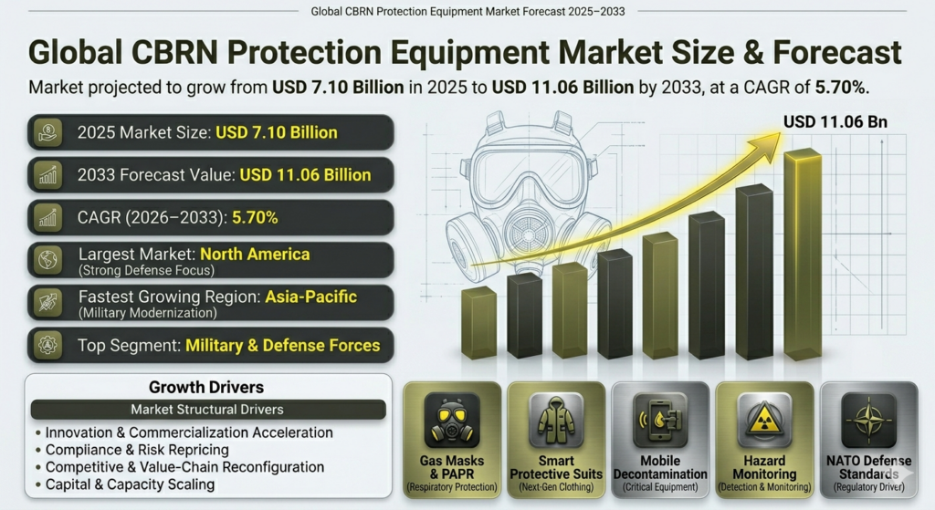 The Global CBRN Protection Equipment Market is poised for significant growth over the forecast period of 2026 to 2033. Starting from a base year market size of USD 7.10 billion in 2025, the market is projected to expand at a compound annual growth rate (CAGR) of 5.70%, reaching an anticipated market size of USD 11.06 billion by 2033. 