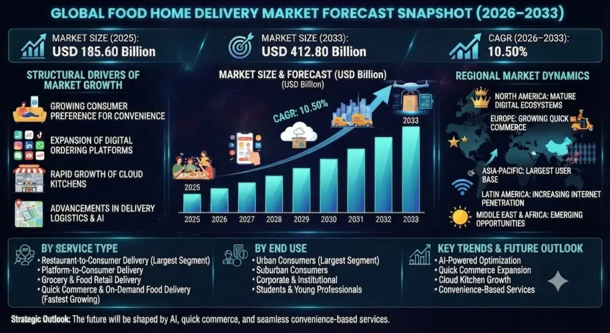 Food home delivery refers to the online ordering and delivery of prepared meals, groceries, beverages, and food products directly to consumers. The market includes restaurant-to-consumer delivery platforms, platform-to-consumer aggregators, quick commerce providers, cloud kitchens, and grocery delivery services. Technological advancements such as artificial intelligence, route optimization, real-time tracking, digital payments, and automated logistics systems are transforming delivery operations globally.