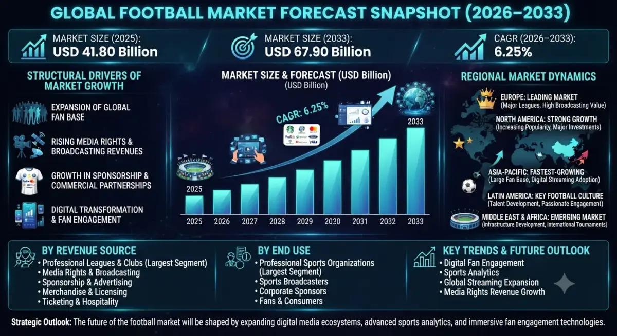 The Global Football Market is expected to witness steady growth during the forecast period from 2026 to 2033. The market was valued at USD 41.80 billion in 2025 and is projected to reach approximately USD 67.90 billion by 2033, registering a CAGR of 6.25%
