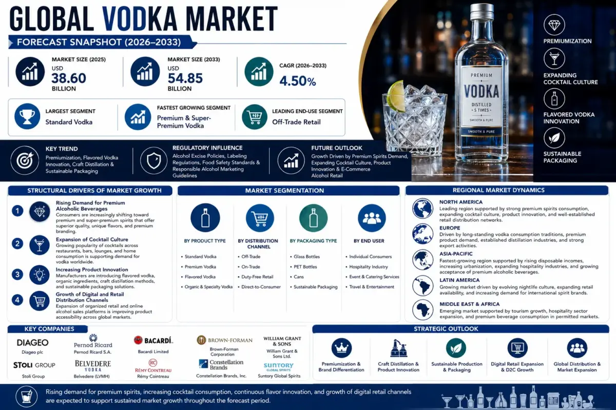 Vodka is a distilled alcoholic beverage produced from grains, potatoes, fruits, or other fermentable ingredients.