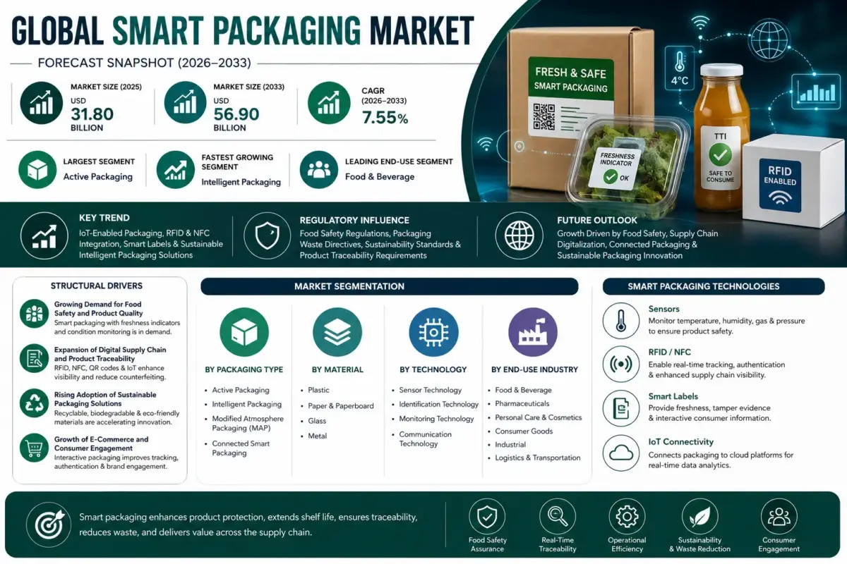 Smart packaging combines advanced materials, sensors, digital technologies, and communication systems to improve product protection, monitor product conditions, enhance traceability, and provide interactive consumer experiences.