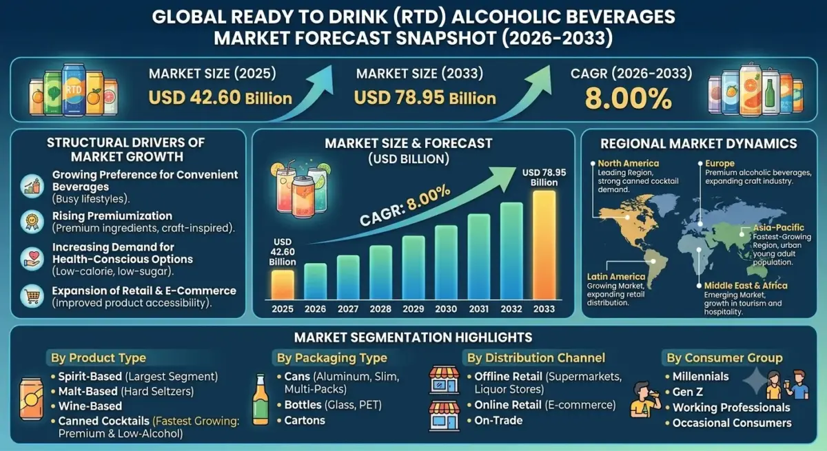 Ready-to-Drink (RTD) alcoholic beverages are pre-mixed alcoholic drinks that are packaged for immediate consumption without additional preparation.