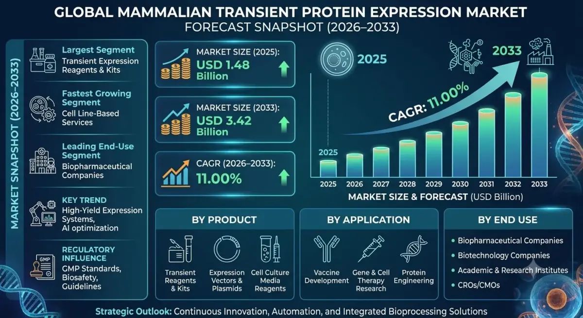 Mammalian transient protein expression is a biotechnology platform used for rapid production of recombinant proteins in mammalian host cells without stable genomic integration.
